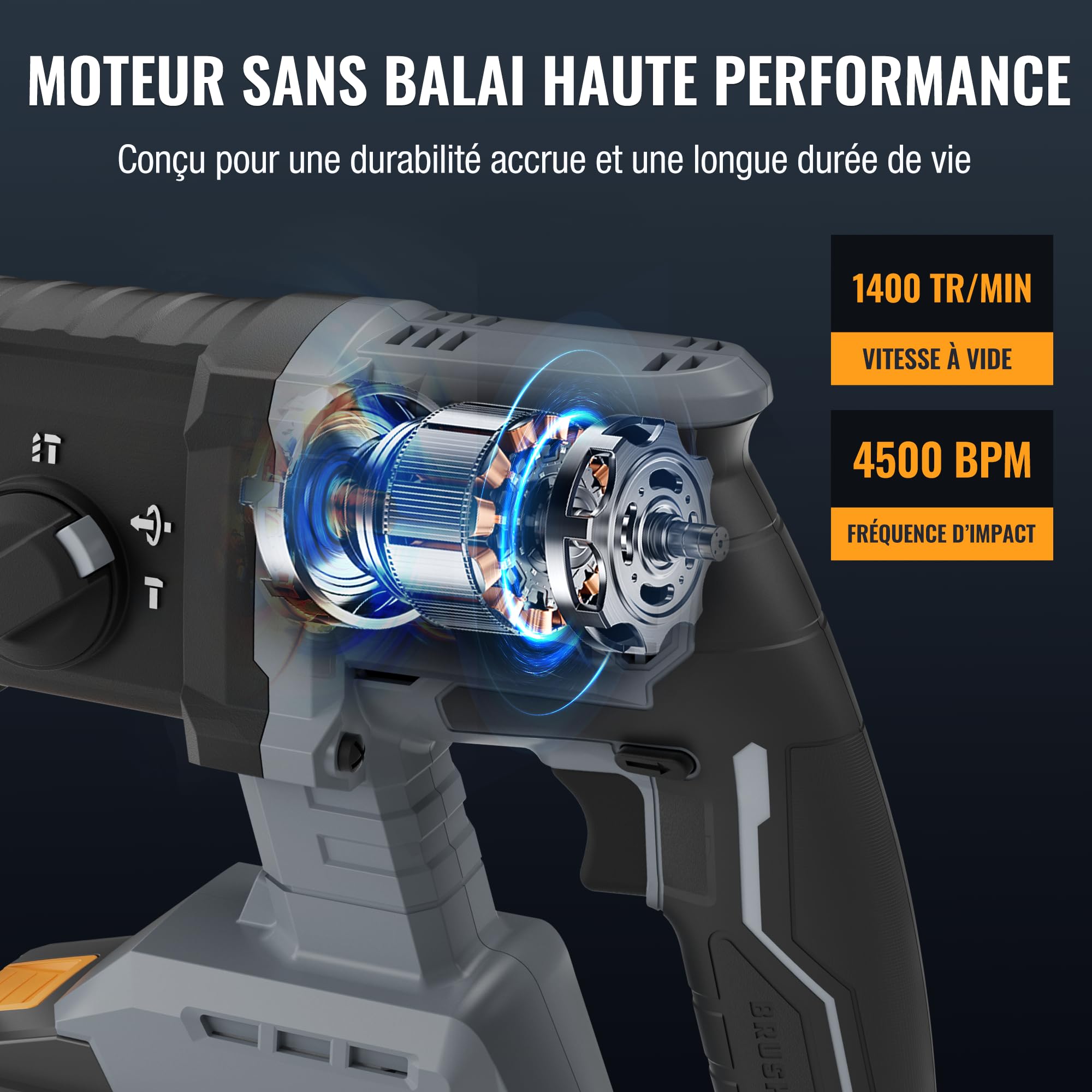 WORKPROX Marteau Perforateur sans Fil 20V | Perceuse à Percussion SDS-Plus, 4 Fonctions Polyvalentes pour Perçage et Burinage