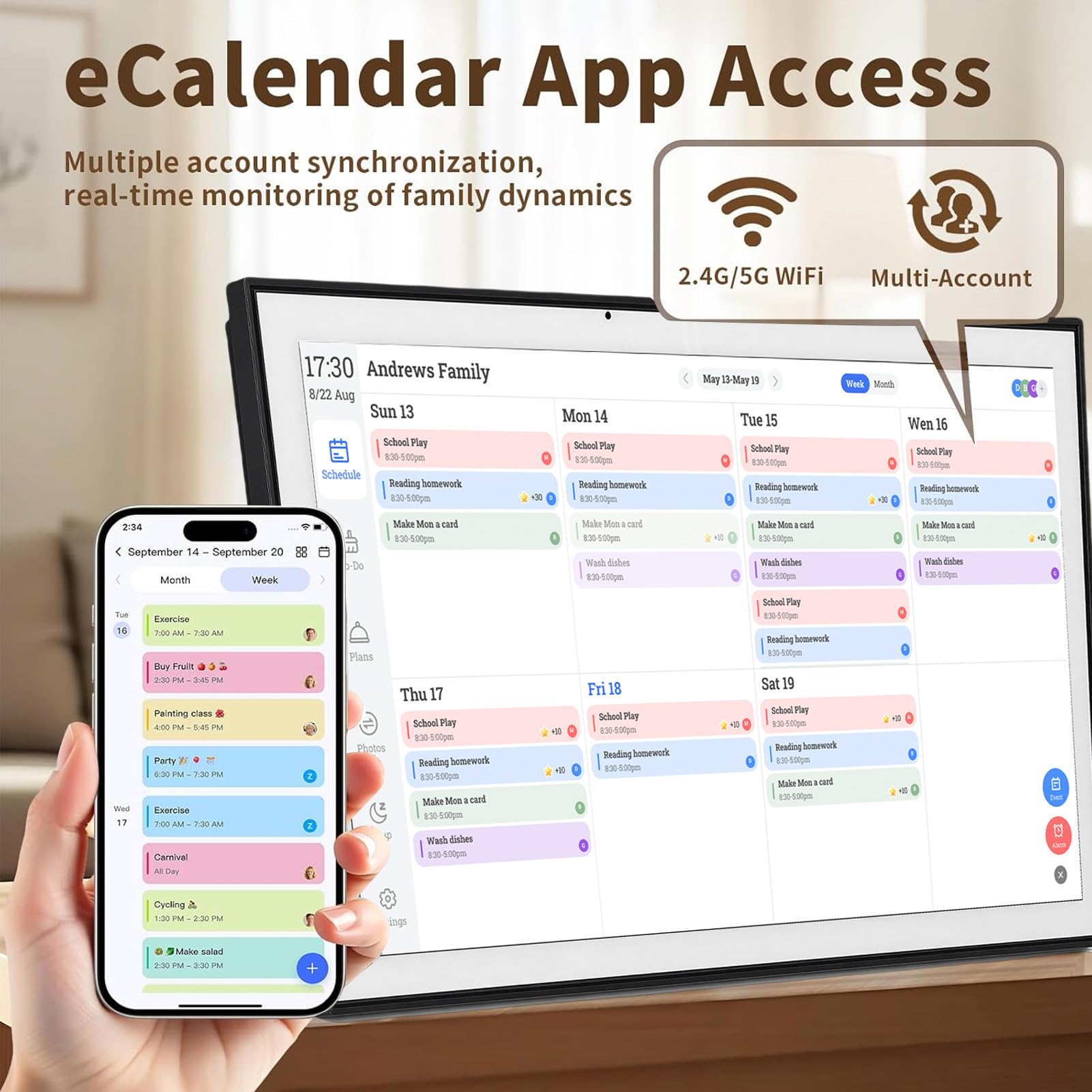 Eujgoov 21,5 Zoll Intelligenter Digitaler Kalender, Touchscreen-Familienplaner mit 1920 X 1080P IPS-Display, Synchronisierung mit Yahoo, für die Wand- und Schreibtischmontage Im Home (EU-Stecker