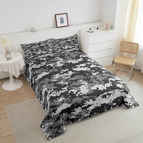 Miniatura 9 de Juego de edredón de camuflaje para niños, tamaño matrimonial, juego de ropa de cama de 3 piezas con bandera estadounidense de camuflaje, para niños,