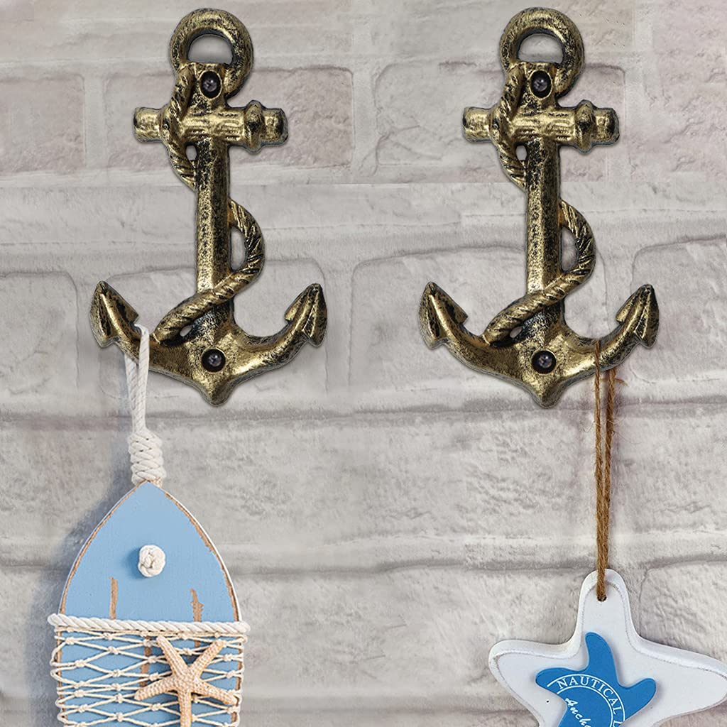 2 Pcs Anchor Coat Hooks, Nautical Wall Hangers, Vintage Cast Iron Key Holder for Hanging Towels, Bags, Robes, Decorations (Antique Bronze)