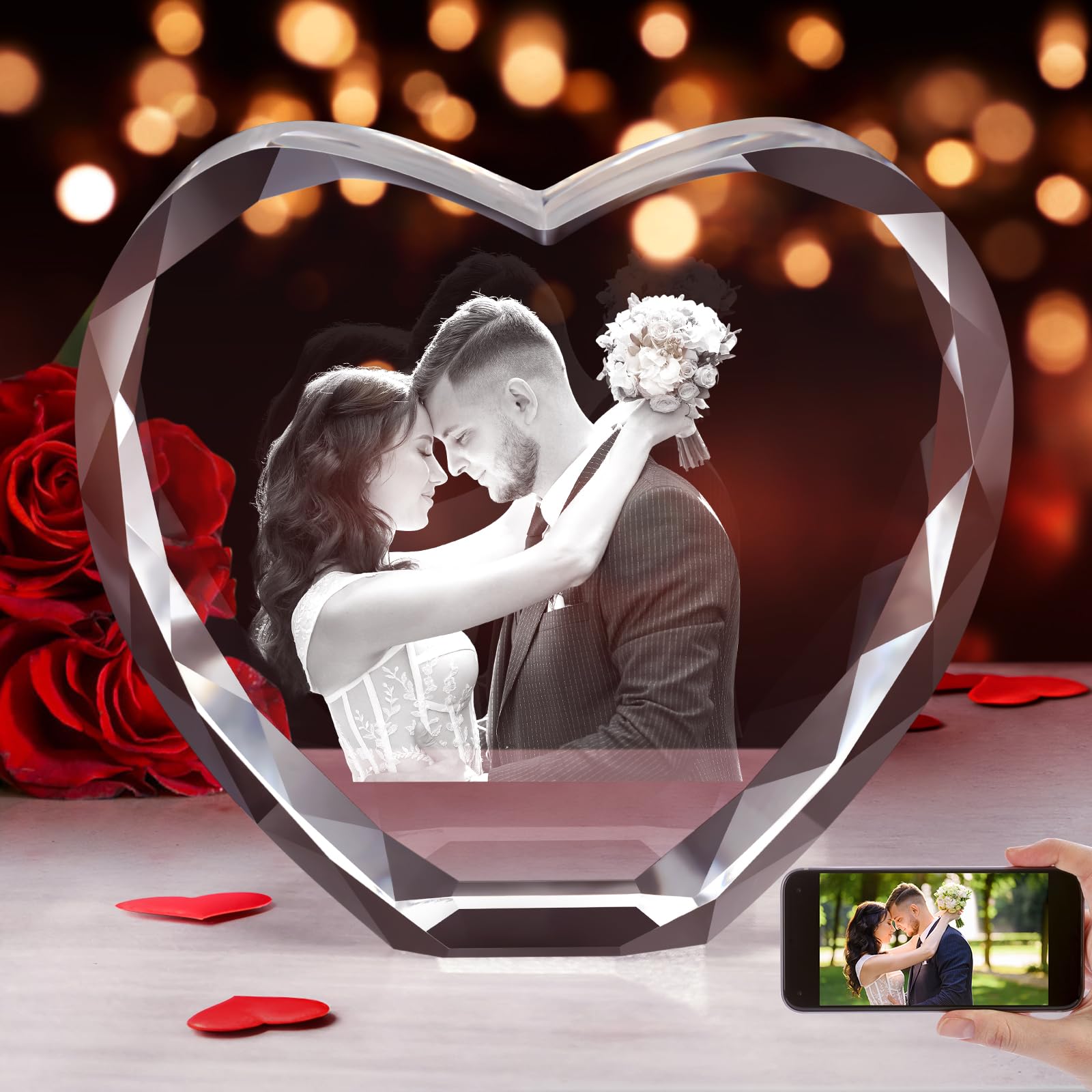 3D Crystal Photo Frame with Custom Laser Engraving, Personalised Heart Shape Picture Gift for Anniversary, Wedding, Birthday (3D Heart Frames)
