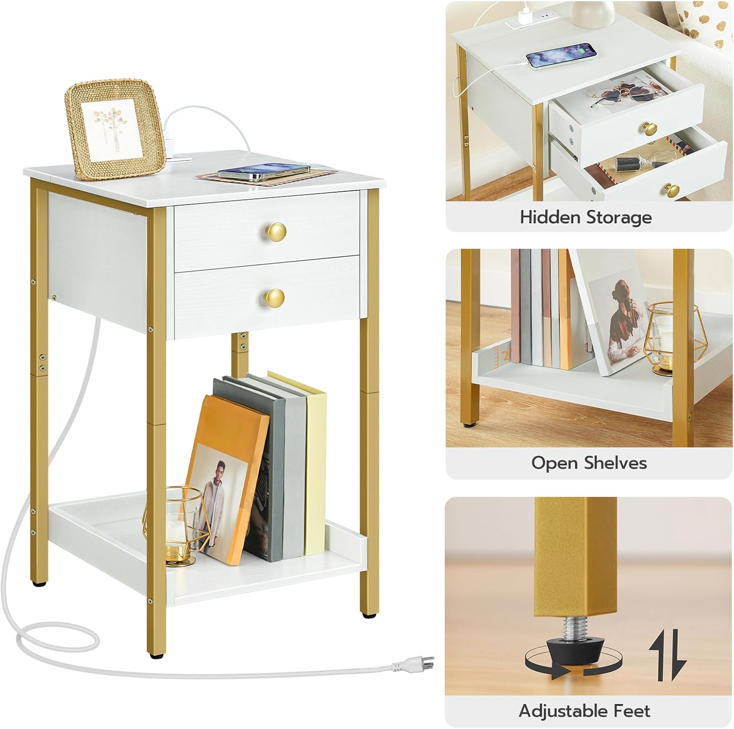 HOOBRO End Table with Charging Station, Tall Nightstand with Storage Drawer, Small Side Table with Gold Frame, 26.2 Inch Telephone Entryway Table for Bedroom, Hallway White and Gold DW72UBZ01