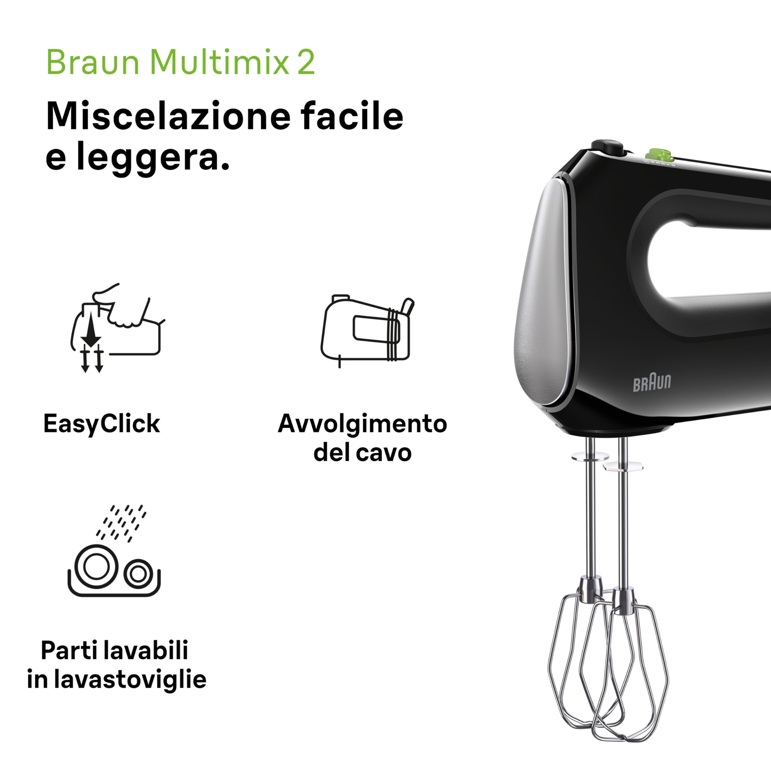 Braun MultiMix 2 HM 2110 BK, Mixer Elettrico Silenzioso con Tecnologia FastMix, 4 Velocità + Turbo, Easy-Click, 2 Fruste e 2 Impastatori Lavabili in Lavastoviglie, 500W, Nero