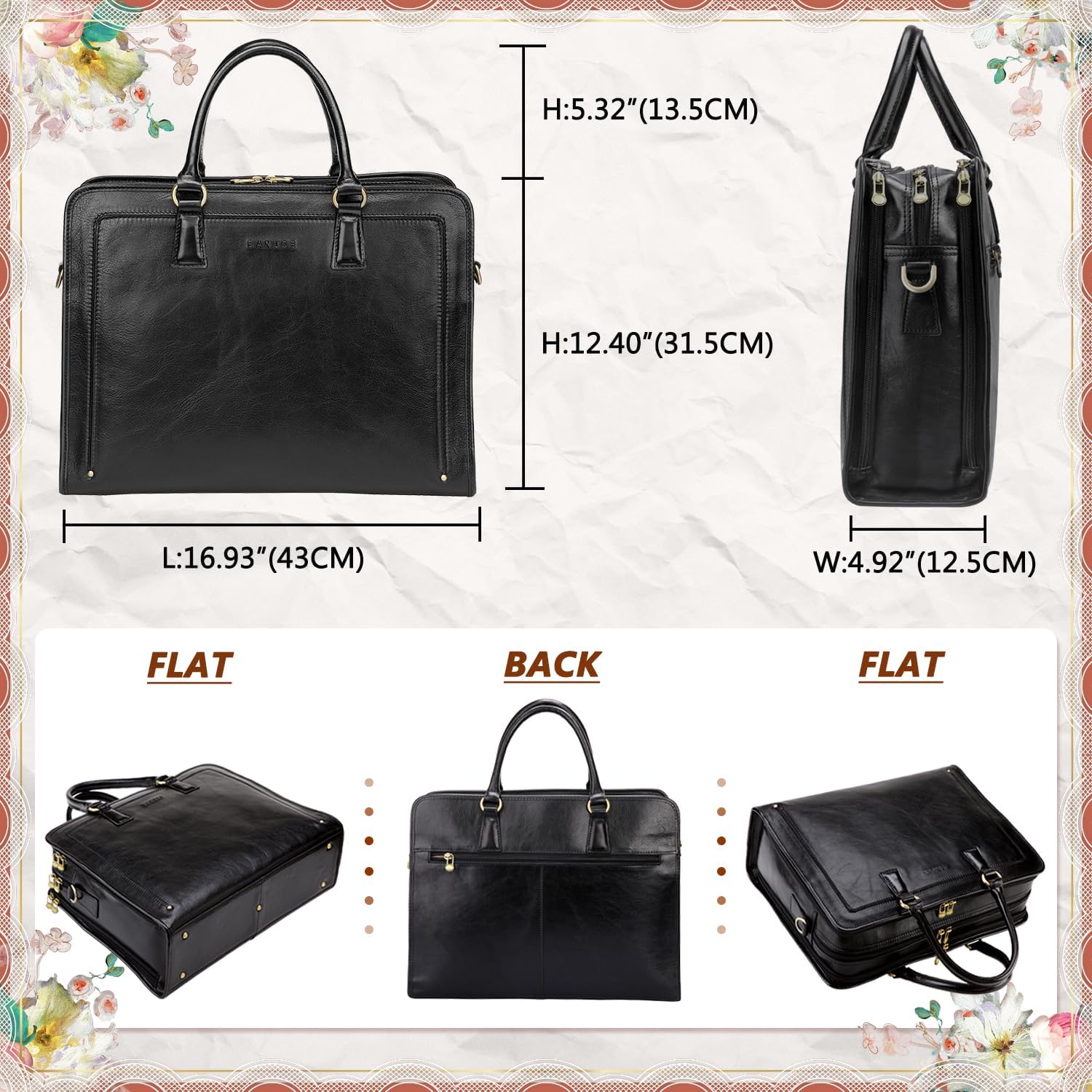 Banuce Genuine Full Grains Italian Leather Briefcase for Women 15.6 Inch Laptop Bag for Work Black - Image 5