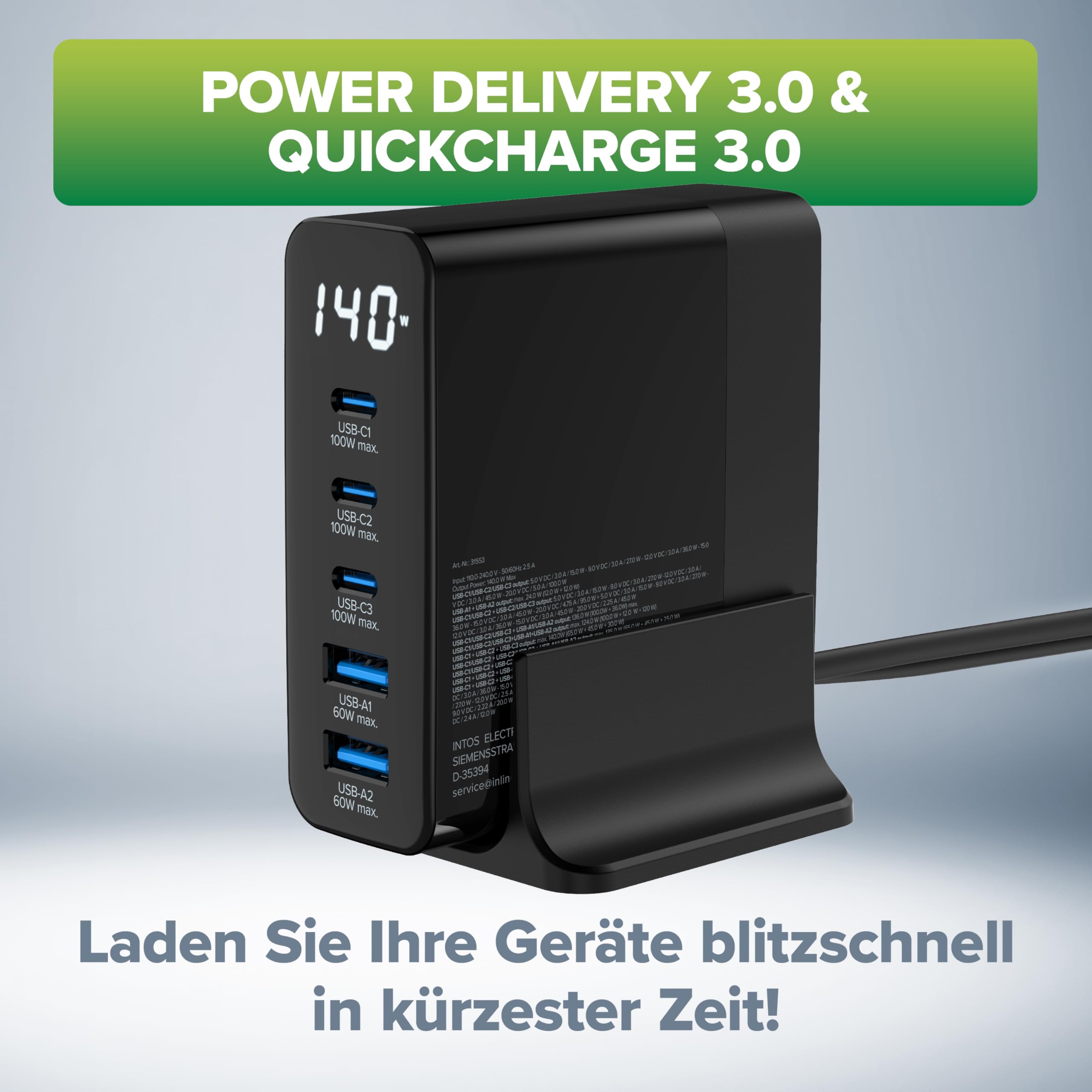 InLine Caricatore USB, 5 porte, display digitale con consumo di energia, 3 X USB-C + 2 X USB-A, GaN, 140 W, caricatore rapido, PD3.0, QC3.0, alimentatore per iPhone/Pro/Mini, Samsung e altro ancora,