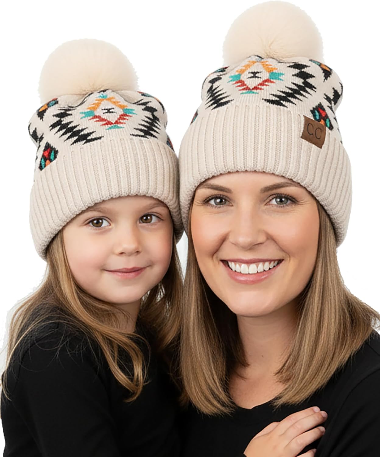 Funky Junque Mommy & Me Pom Beanies – Cozy Knit Women’s Beanie & Toddler Girl Winter Hat Set Ages 1–4, Great Set