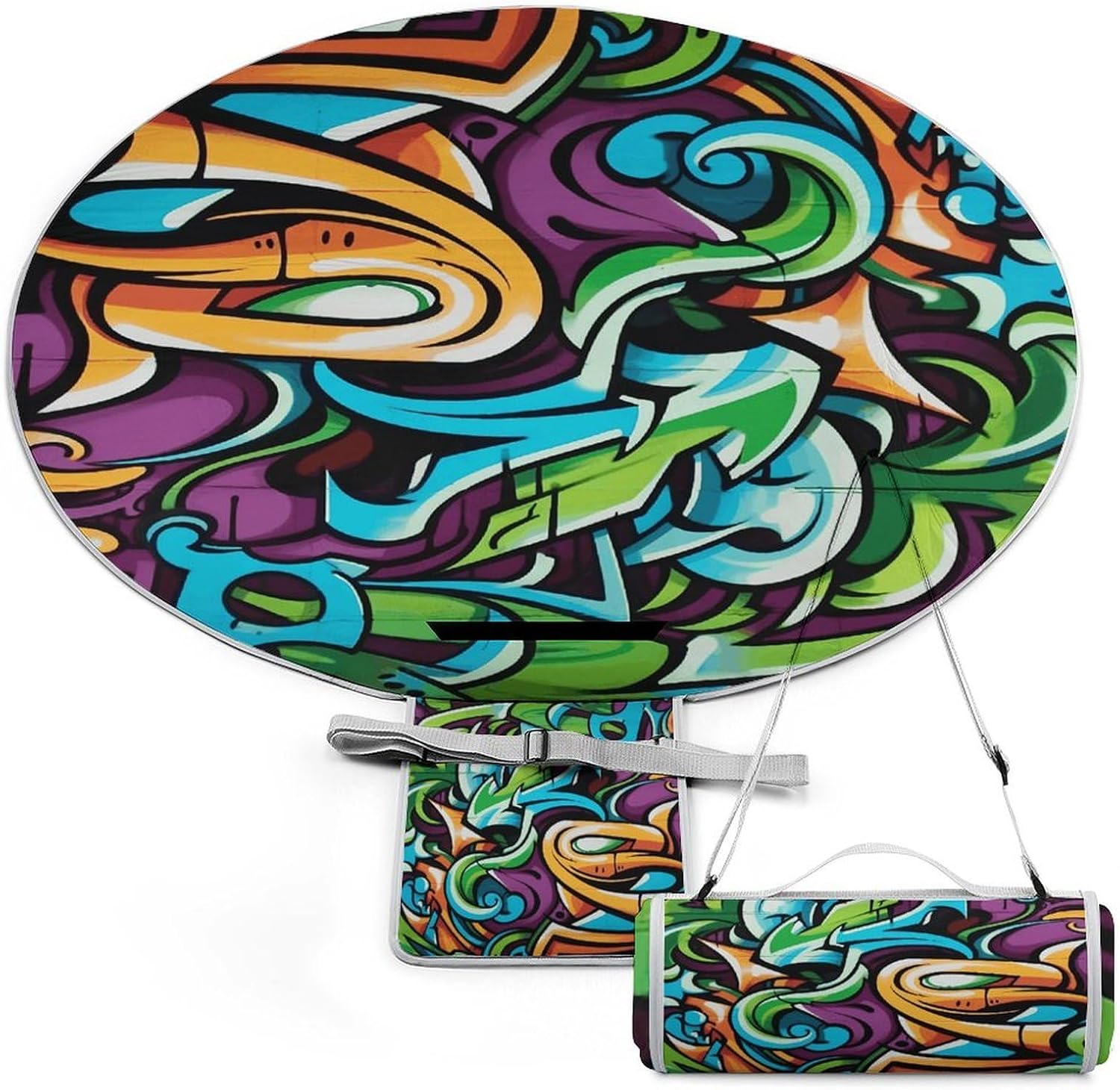 Graffiti Drawing Art Picnic Blanket Foldable Outdoor Round Blankets Lightweight Beach Mats Portable Waterproof Park Sand Free Mat for Camping Hiking Sports Activities