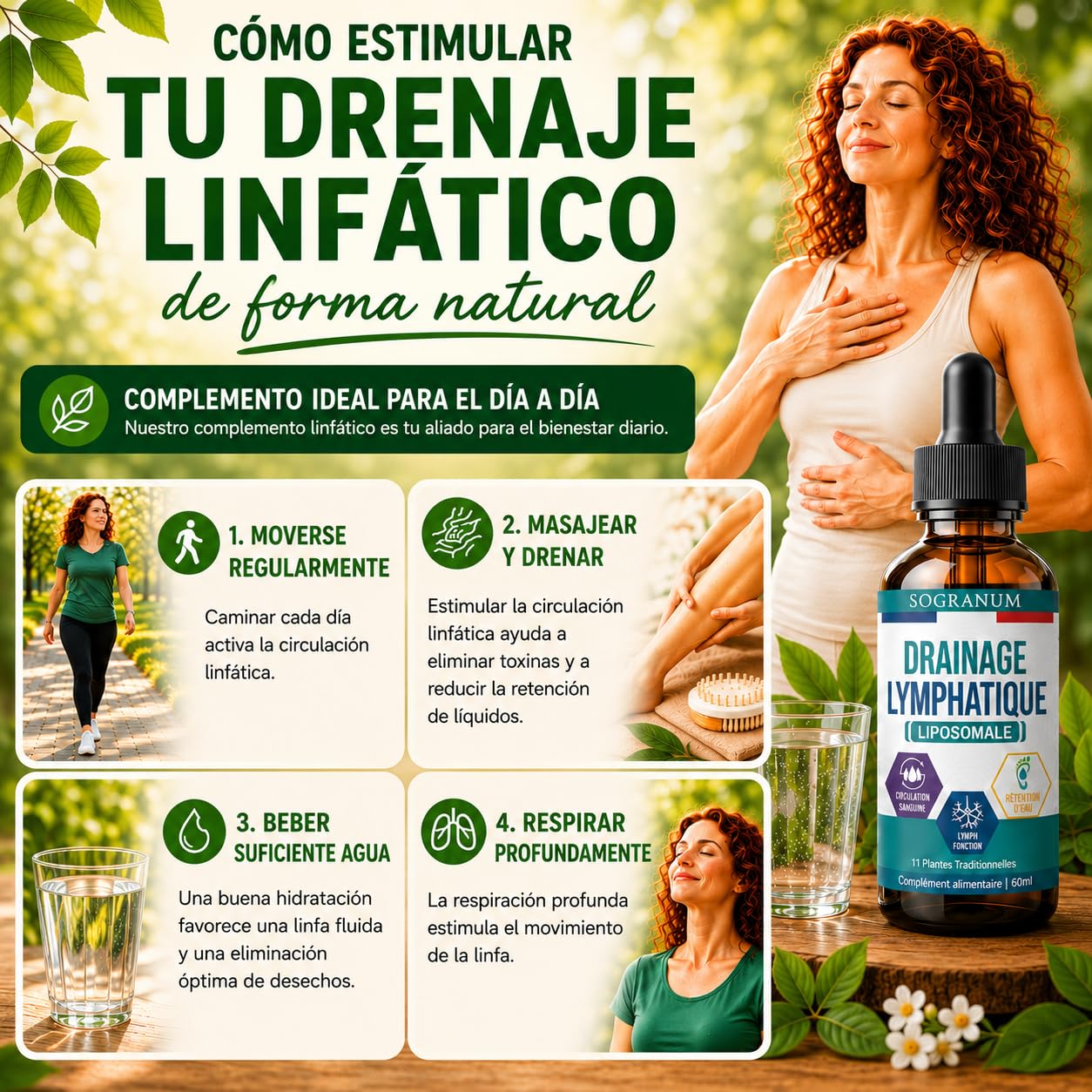 Drenaje linfático liposomal | Circulación sanguínea, flebitis, presión arterial | 11 plantas tradicionales (diente de león, bardana, equinácea) para la eliminación de toxinas | 60 ml