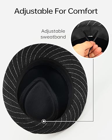 Zylioo XL Trilby Fedora Hoed voor Mannen 1920 Wollen Manhattan Jurk Hoed Pinstripe Gangster Hoed Korte Rand Panama Jazz Cap, Krijtstreep-zwart, L