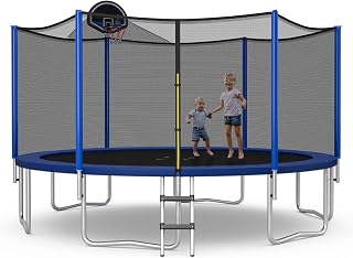 SPOTRAVEL 12FT/14FT Outdoor Trampoline, Large Garden Trampoline with Safety Enclosure Net, Ladder and Basketball Hoop, Fitness Bounce Trampoline for Kids Adults