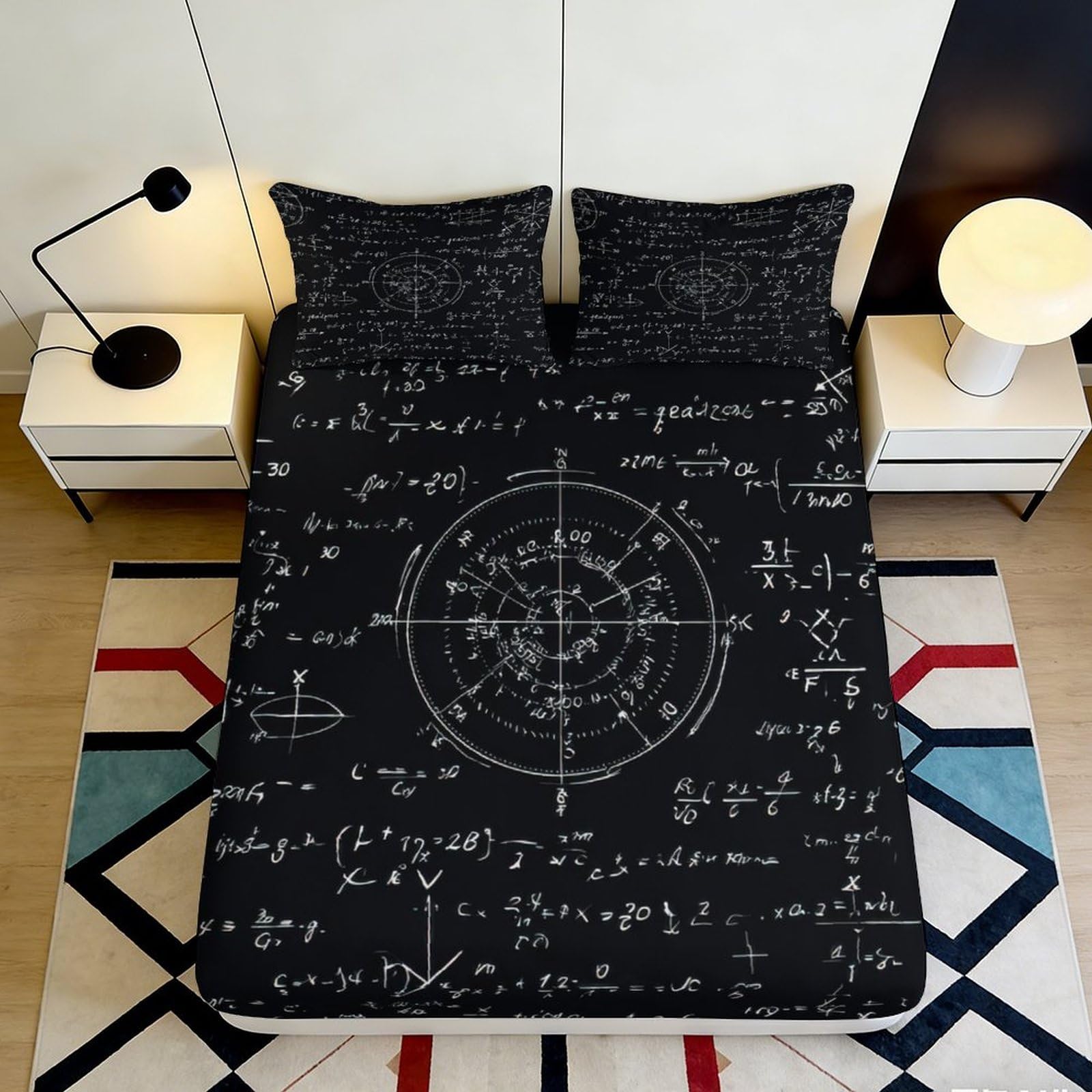 Pnayamiorkfel Style-10 3D Printed Mathematical Formula Fitted Sheet Microfiber Soft Black Geometry Bed Cover For Bedroom Dorm Decor 90X200x25cm
