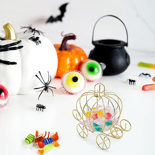 Miniatura 4 de Veemoon 5 cajas de dulces de carruaje de calabaza, calabaza de Halloween, caja de dulces de alambre dorado, carruaje decorativo de mesa para