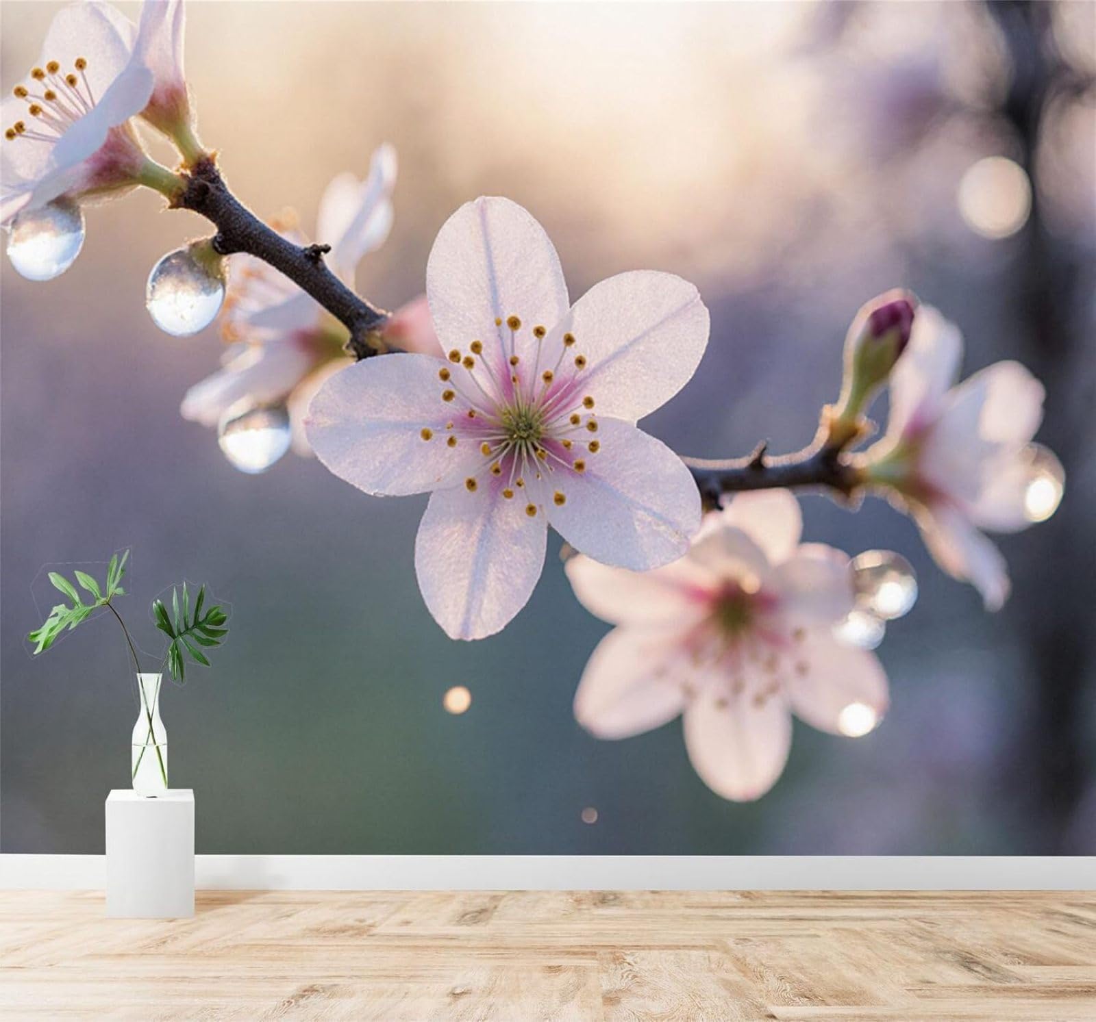 Xlming 250Cm×170Cm(B×H) Simple Beautiful Cherry Blossom Branches Dewdrops Soft Morning Light 3D Wallpaper Silky Texture Home Study Office Grey Dining Room Sofa Bedroom Living Room Tv Backdrop-250Cm×170Cm