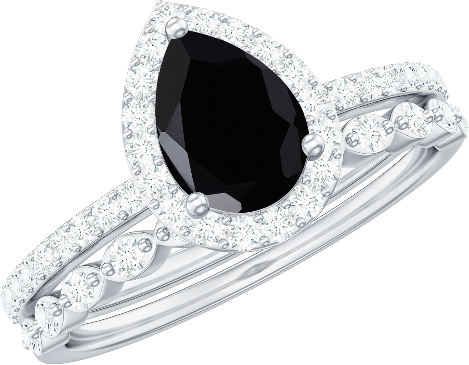 Genuine 1.7 Carat Black Onyx Bridal Ring Set, Aaa Quality, Certified Onyx Teardrop Engagement Ring With Diamond Band