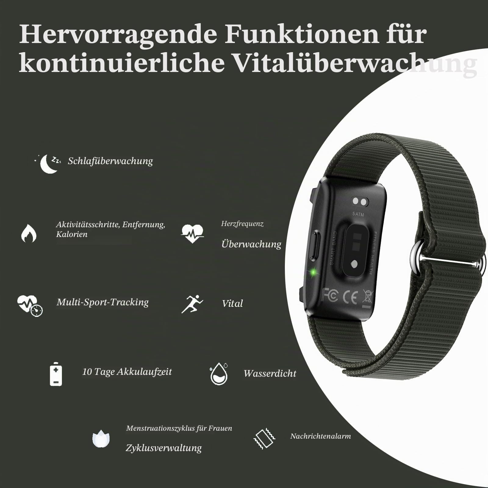 findtime Fitness Tracker Armband Aktivitätstracker ohne Display Wearable Schrittzähler Herzfrequenz Schlafmonitor Herzfrequenzmessung Wristband Nylon Smart Band Multisport-Modi Grün