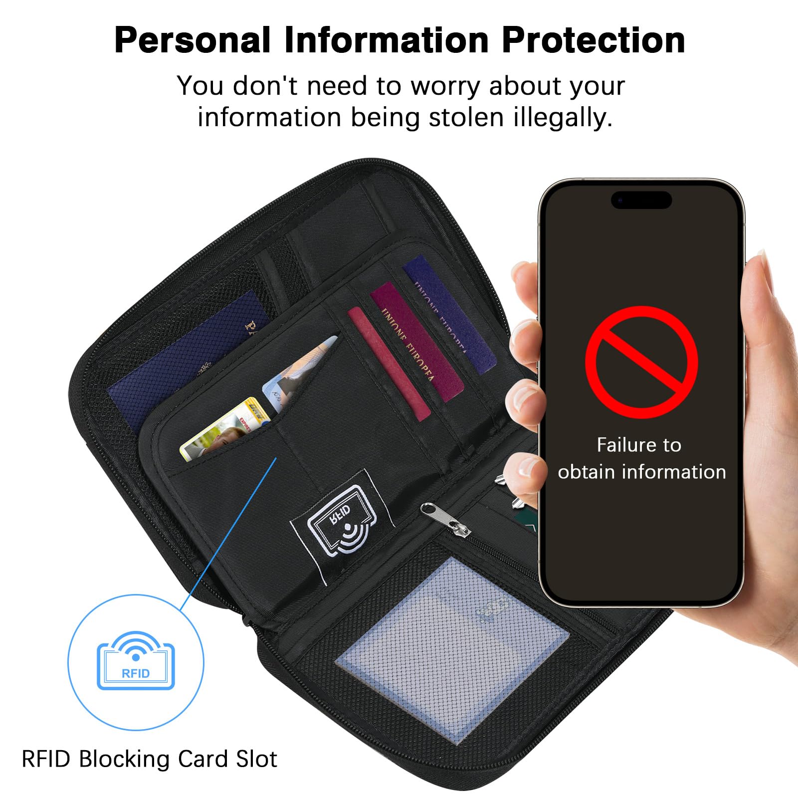 MoKo Passport Holder Family, RFID Passport Wallet for Men and Women, Travel Passport Holder with Multiple Compartments, Travel Document Organzier for Cards, ID, Tickets, Keys, Black
