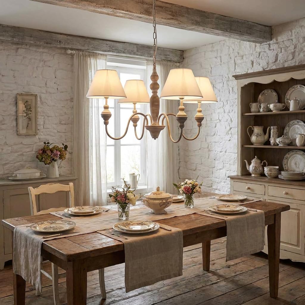 DiKasa Lampadario a Sospensione 4 Bracci in Metallo Grigio Stile Shabby Chic, Paralumi in Tessuto Bianco Smontabili, Attacco E14, Diametro 56 cm Altezza 95 cm