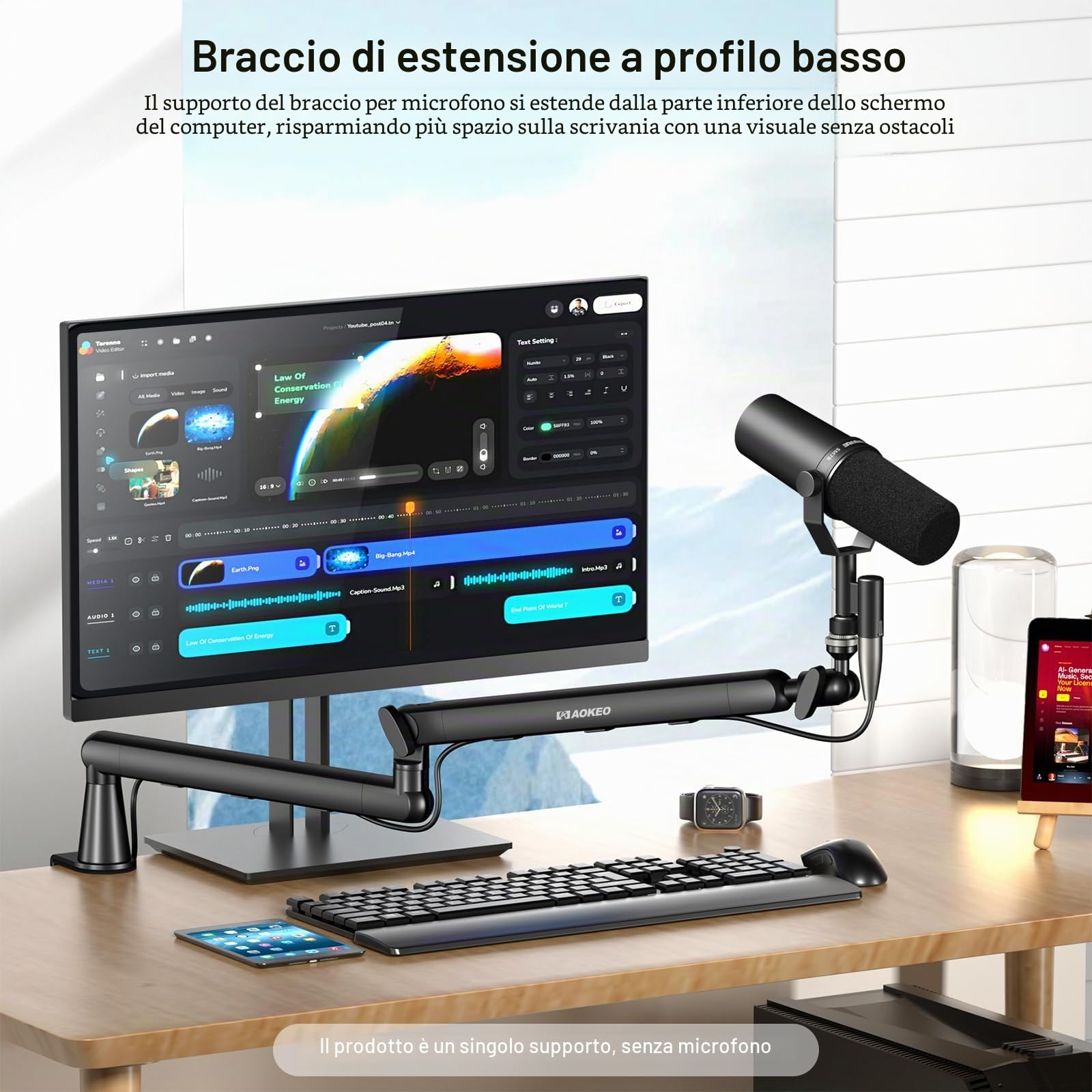 Braccio del microfono,Aokeo AK-55 Desk Low Profile Mic Boom Arm Stand,Adatto per Blue Yeti,Snowball iCE,HyperX QuadCast,SoloCast,Ecc