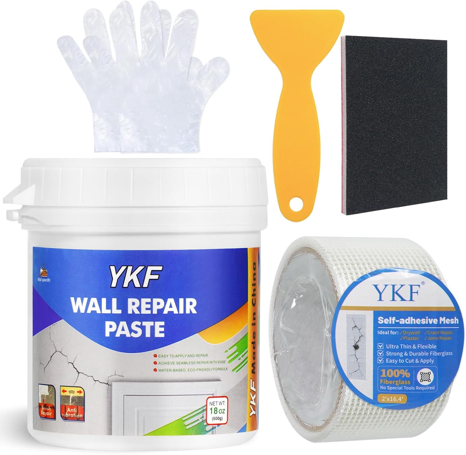YKF Drywall Repair Kit 18 Oz Spackle Wall Repair Paste with Scraper, Quick & Easy Solution for Wall Holes, Plaster Cracks, Wood Scratches – Professional Home Drywall Repair Putty