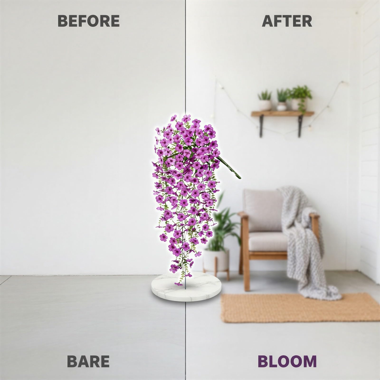 4 STK. Kunstveilchen, künstliche Veilchenpflanzen, sonnenresistent, mit Eukalyptus-Design, natürlich hängende Optik für Veranda, Haustür, Garten, Fenster und Außendeko, für drinnen und draußen