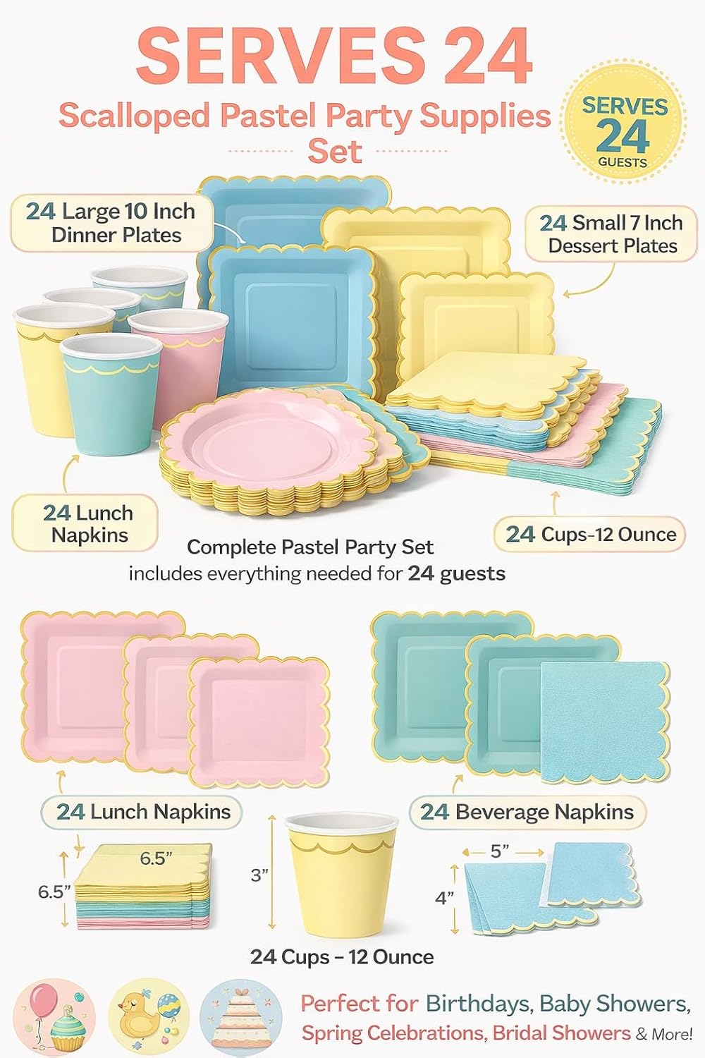 Oojami Scalloped Pastel Party Supplies Set for 24 – Disposable Plates, Cups & Napkins, 10" Dinner Plates, 7" Dessert Plates, 12 oz Cups – Elegant Tableware for Birthday, Baby Shower, Easter, Tea Party