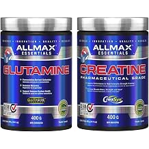 ALLMAX Creatine Monohydrate + L-Glutamine Powder Stack 400g Each Pure Micronized Creatine & Fermented Glutamine for Strength, Recovery & Muscle Support Vegan, Gluten Free, cGMP Certified