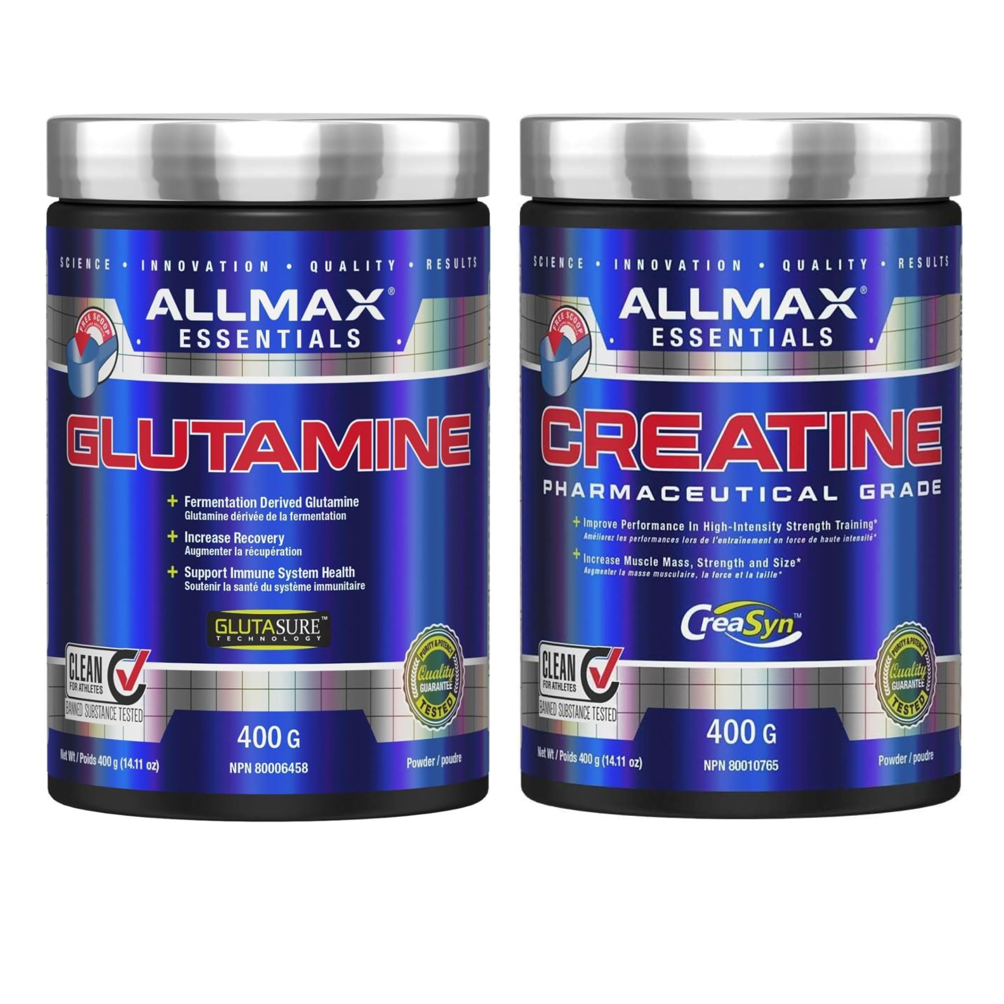 ALLMAX Creatine Monohydrate + L-Glutamine Powder Stack, 400 g Each