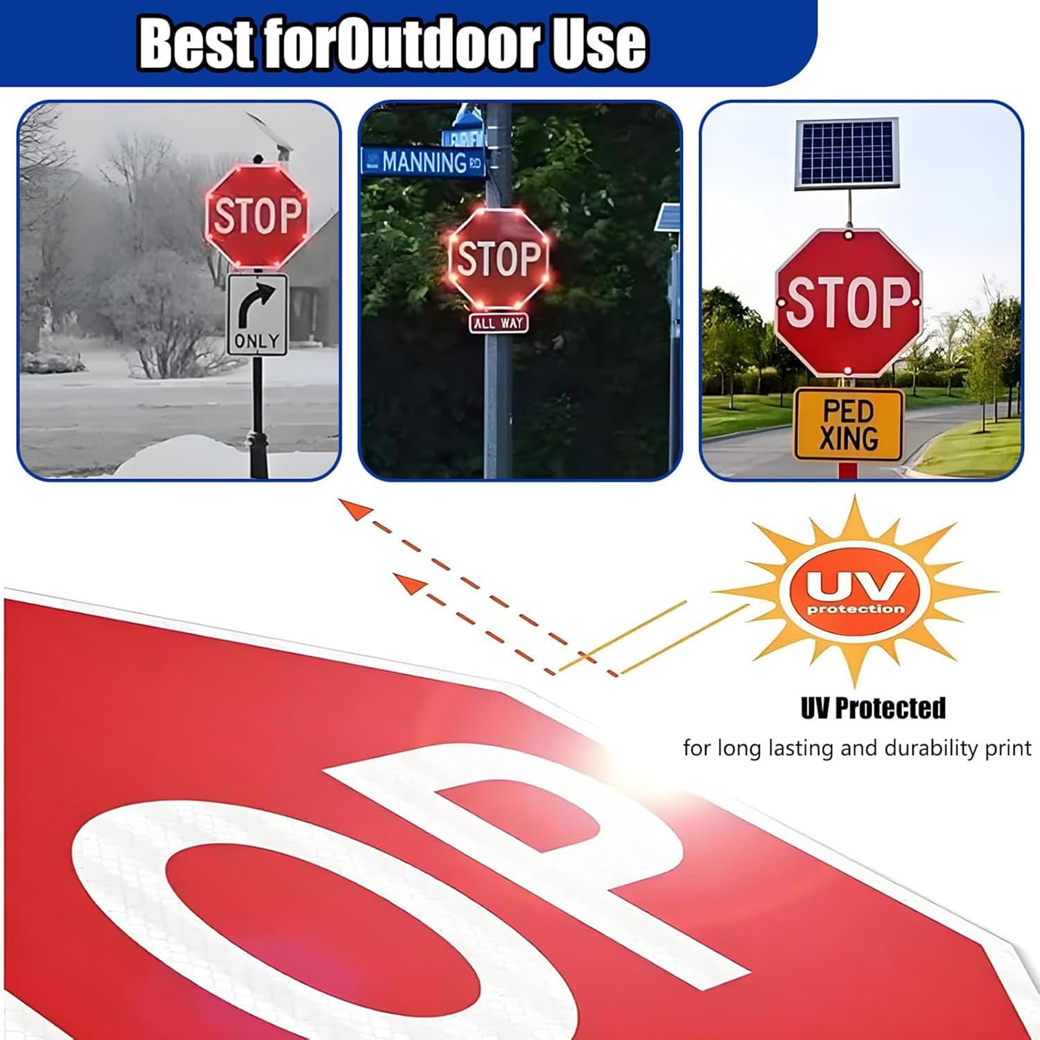 30" Solar-Powered LED Stop Sign - Blinking Traffic Warning Light for Outdoor Streets, Energy-Efficient Safety Sign for Vehicles and Pedestrians, Always On Visibility