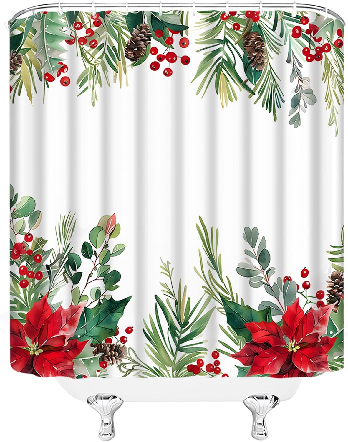AMFD Christmas Flower Leaves Shower Curtain Watercolor Poinsettia Floral Holly Berry Eucalyptus Leaf Winter Holiday Bathroom Curtains Decor Fabric Set Include Hooks,(70" Wx84 H)