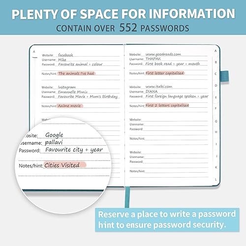 Miniatura 4 de Libro de contraseñas con pestañas alfabéticas, protector de contraseñas de tapa dura, organizador de cuadernos de contraseñas para computadora y