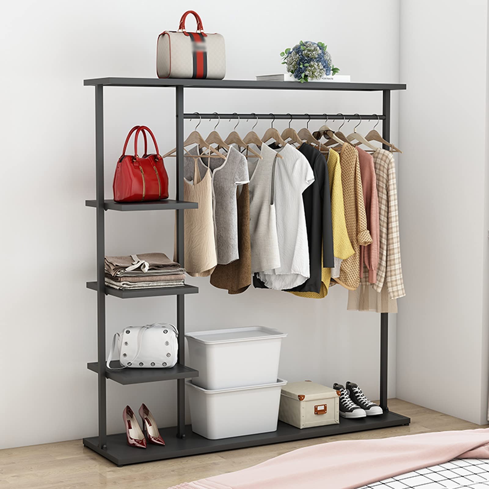 Kleiderständer Modernes schwarzes Schmiedeeisen, bodenstehender Kleiderständer mit 4-stöckigem Ablagefach und Kleiderstange, einfacher Kleiderschrank für Schlafzimmer, 3 Größen (Size : 150x40x155CM)
