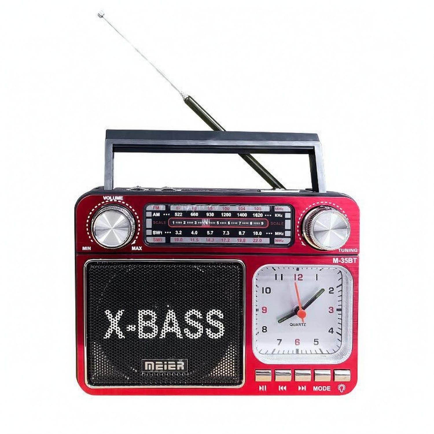 telescopic antenna portable clock radio carry handle analog clock radio large speaker grille audio device, red, eu plug