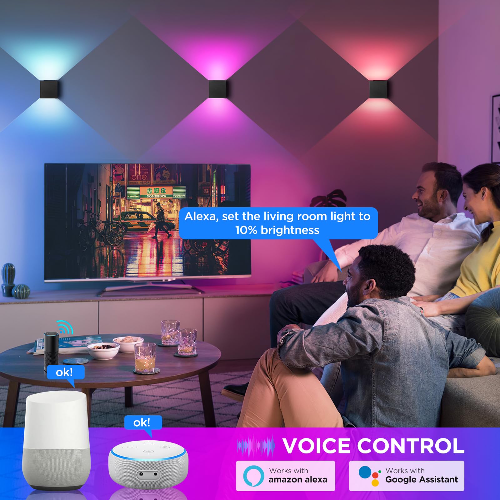 Smart RGB LED Wandleuchte Innen Dimmbar Wandlampe mit App-Fernbedienung,Musik-Sync,DIY 16 Millionen Farben,Einstellbar Abstrahlwinkel Led Wandbeleuchtung Innen/Außen für Schlafzimmer Flur Wohnzimmer