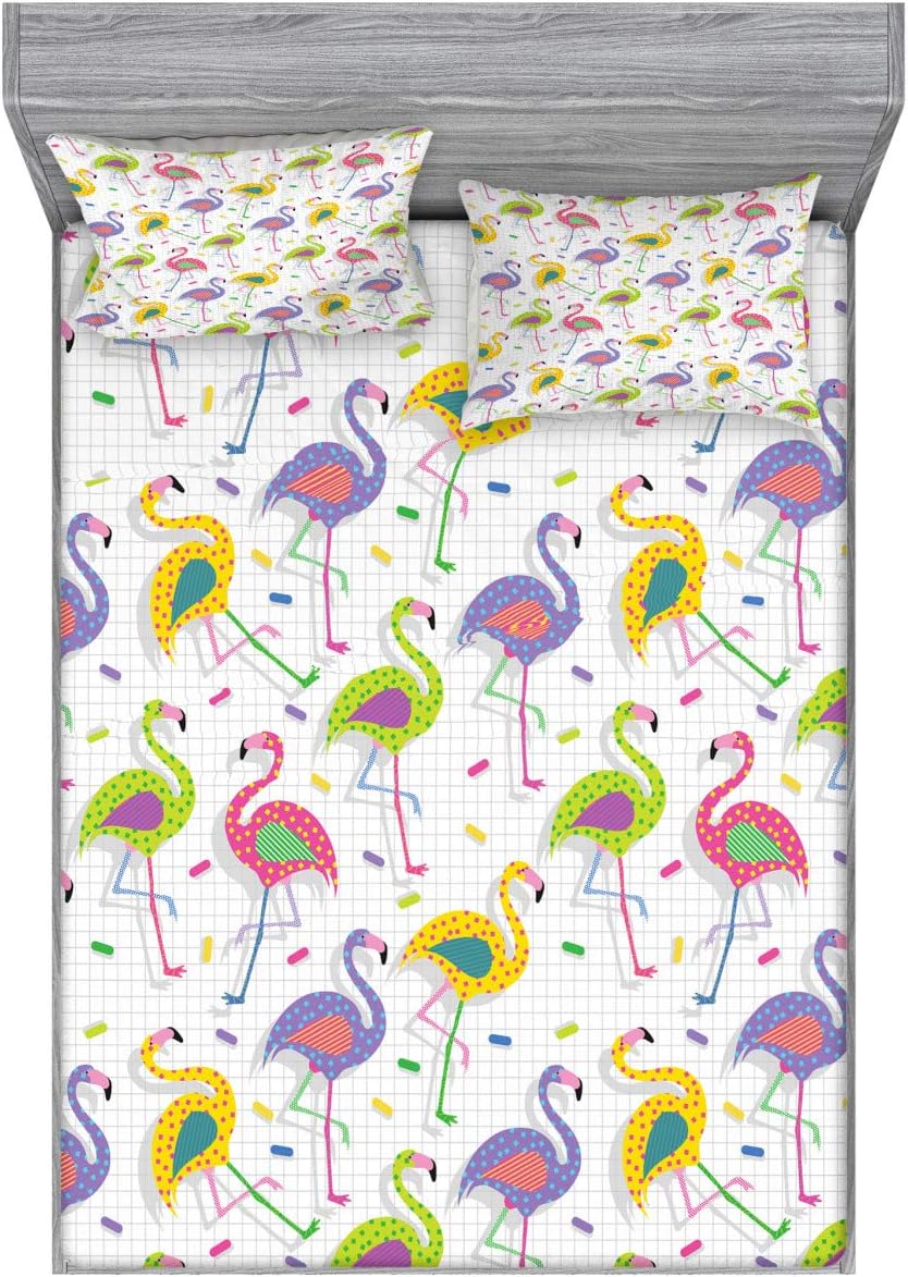 Ambesonne Flamingo Fitted Sheet & Pillow Sham Set, Colorful Retro Vintage Flamingo Patterns in Polka Dot Design Checked Background, Decorative Printed 3 Piece Bedding Decor Set, Queen, Multicolor