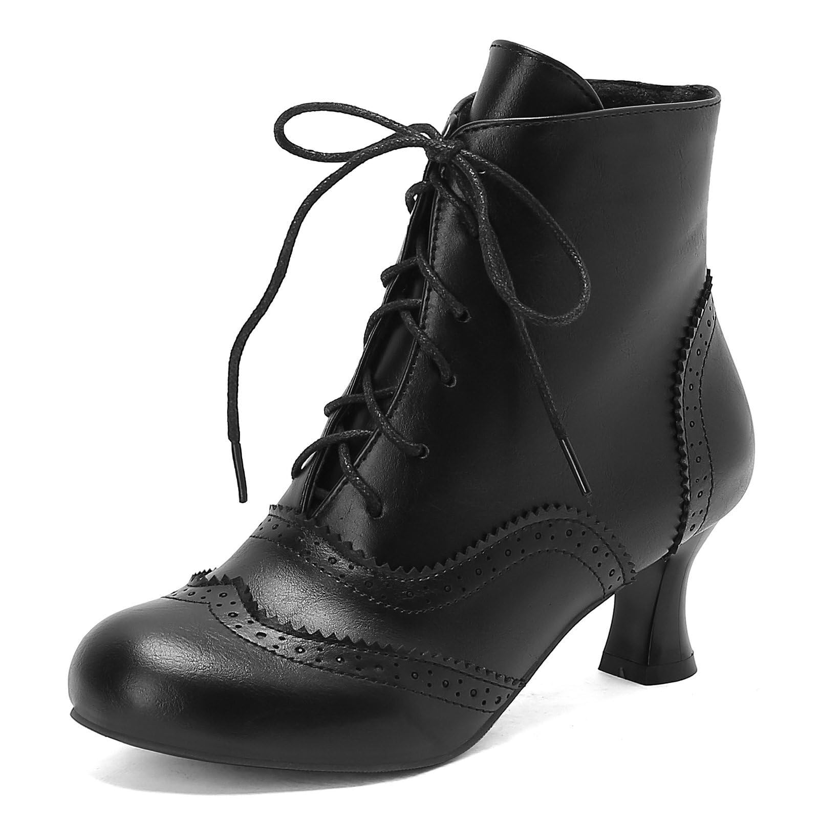 Uniquelly Womens Victorian Ankle Boots Lace Up Kitten Heel Vintage Witch Pirate Boots Granny Booties Round Toe Victorian