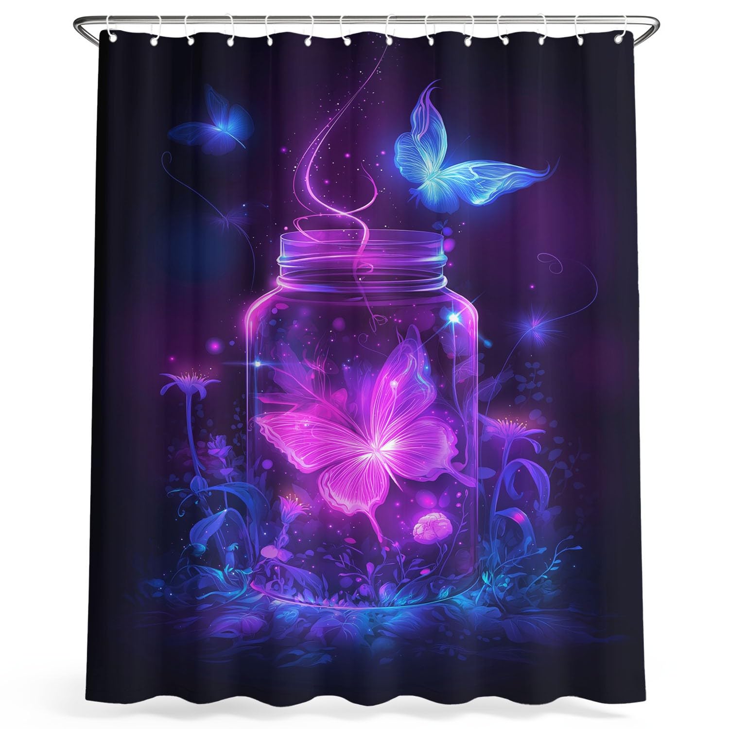 Fantasie Wonderland - Tenda da doccia con farfalle, 240 x 200 cm, impermeabile, resistente alla muffa, in microfibra, con occhielli e ganci, colore nero