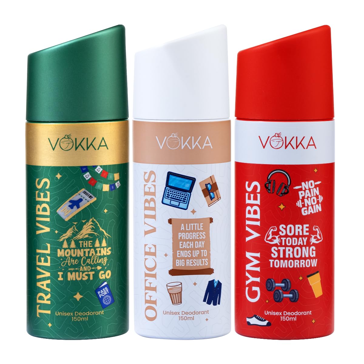 Vokka Vibes Deodorant Combo Pack 450ml - 150ml x 3 | Gym Vibes, Office Vibes, Travel Vibes | Unisex Long Lasting Deo for Gym, Office & Travel | Strong & Fresh Fragrance for Men and Women-image-4