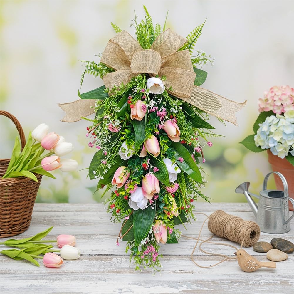 Ghirlanda di tulipani per decorazione della porta d'ingresso, ghirlanda di fiori artificiali primaverile estiva con fiocco per ingresso di casa da appendere alla parete, 55 x 30 cm