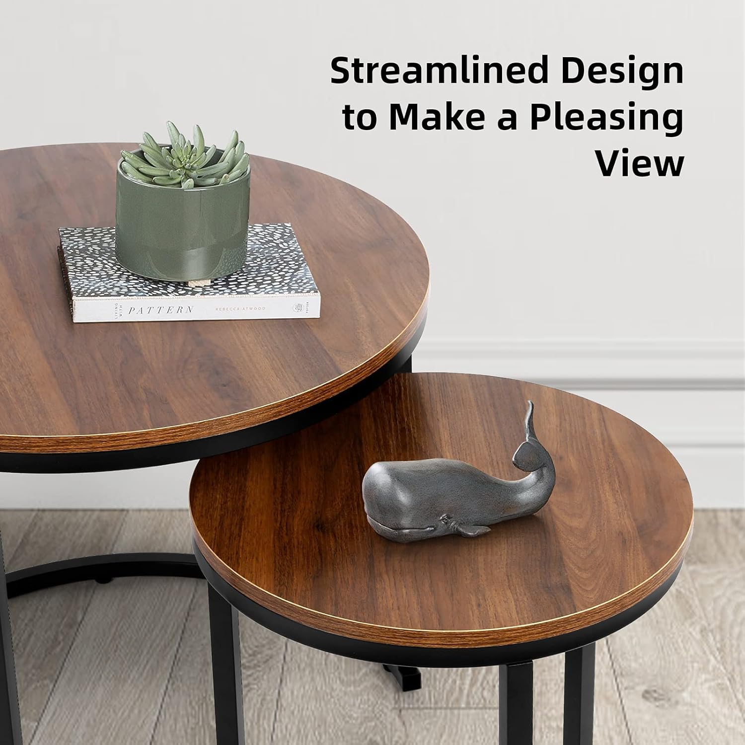 Modern Nesting Coffee Table Set of 2 for Living Room Balcony Office, Round Wood Accent Side Coffee Tables with Sturdy Metal Frame, Easy Assembly(Walnut) : Home & Kitchen