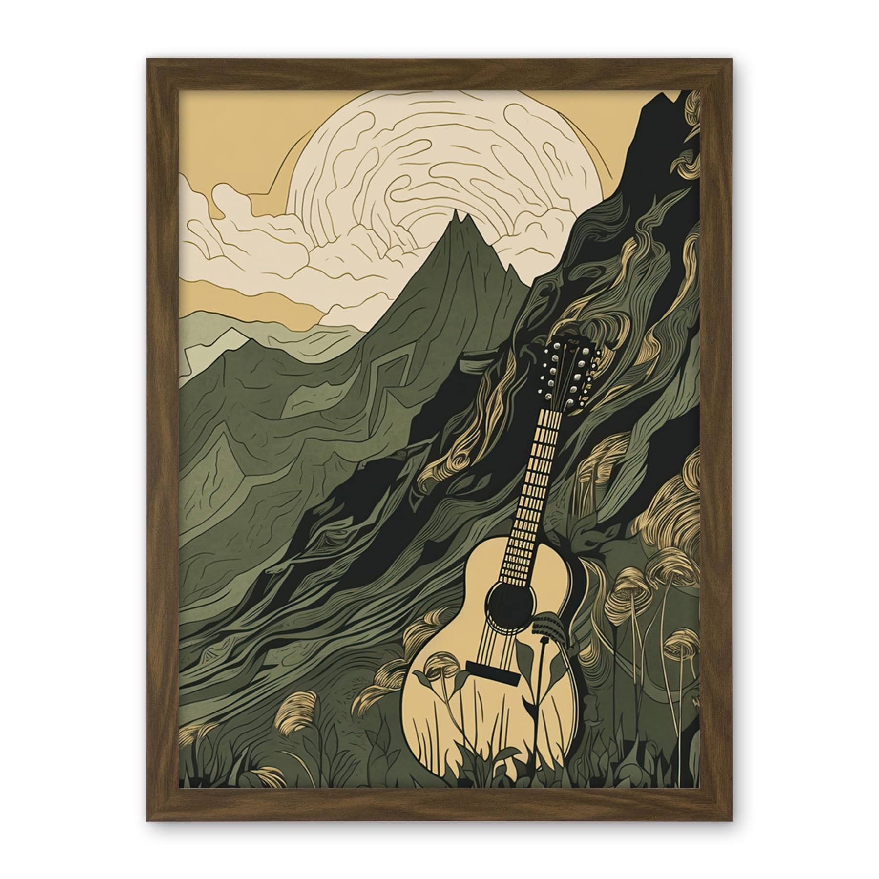 Artery8 Guitar on Mountain Landscape Morning at Campsite Artwork Framed Wall Art Print 18X24 Inch