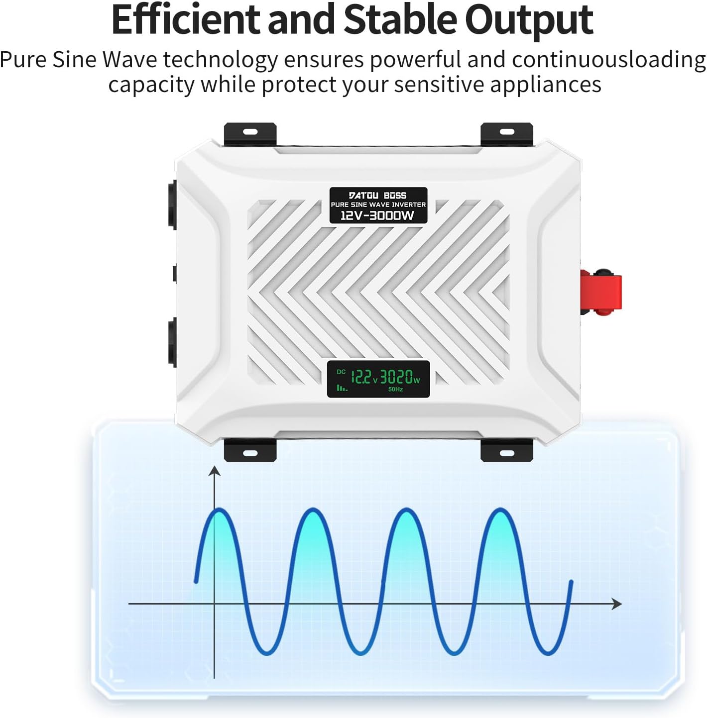 Image showing the DATOUBOSS inverter connected to a battery and a foldable solar panel in an outdoor camping setting, demonstrating off-grid power.