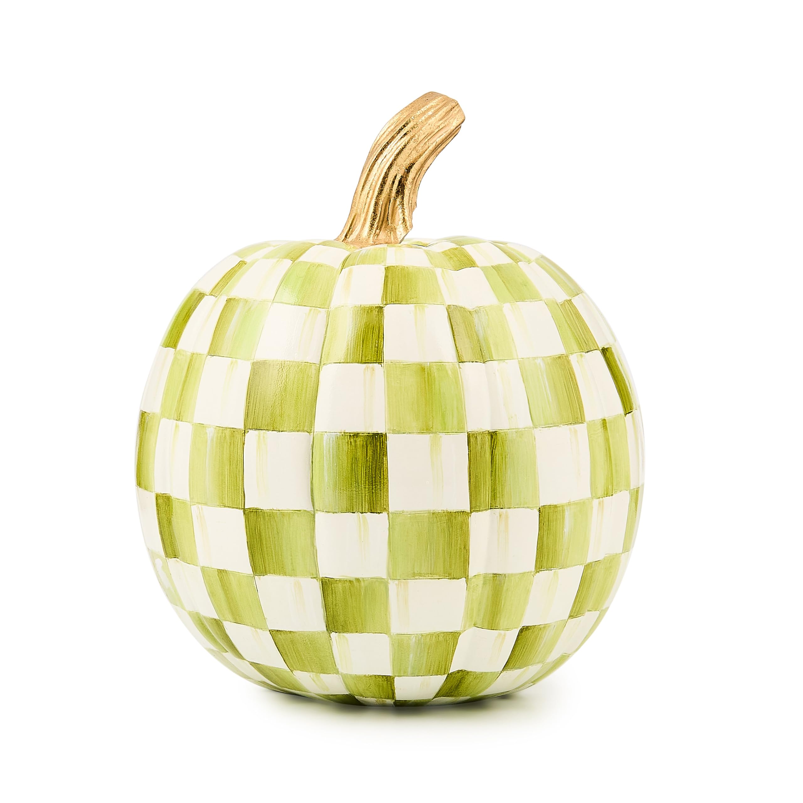MACKENZIE-CHILDS Pumpkin, Resin Halloween and Fall Decor, Small, Olive-Green Moss Check