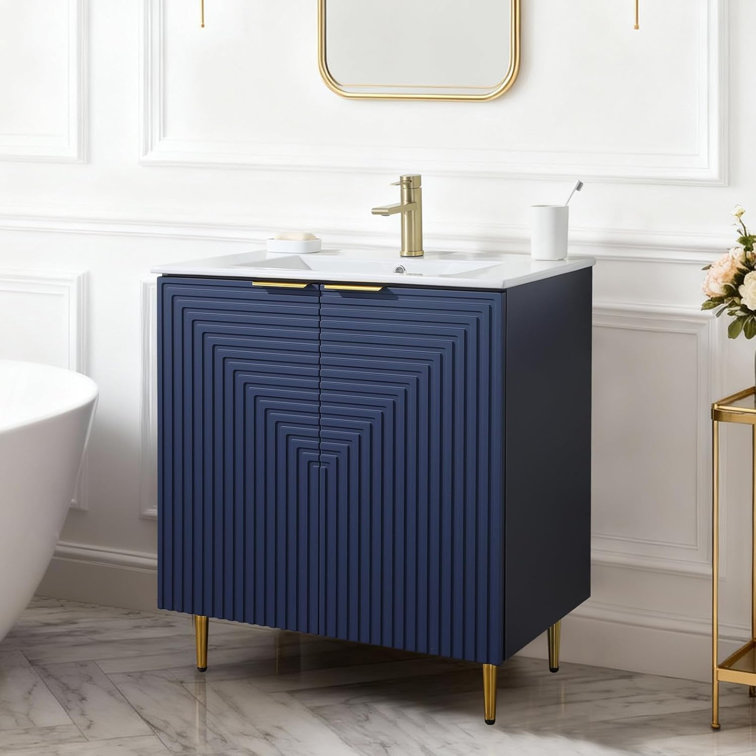 30 Inch Blue Bathroom Vanity with Ceramic Sink Combo, Modern Freestanding Bathroom Cabinet with Soft Closing Door