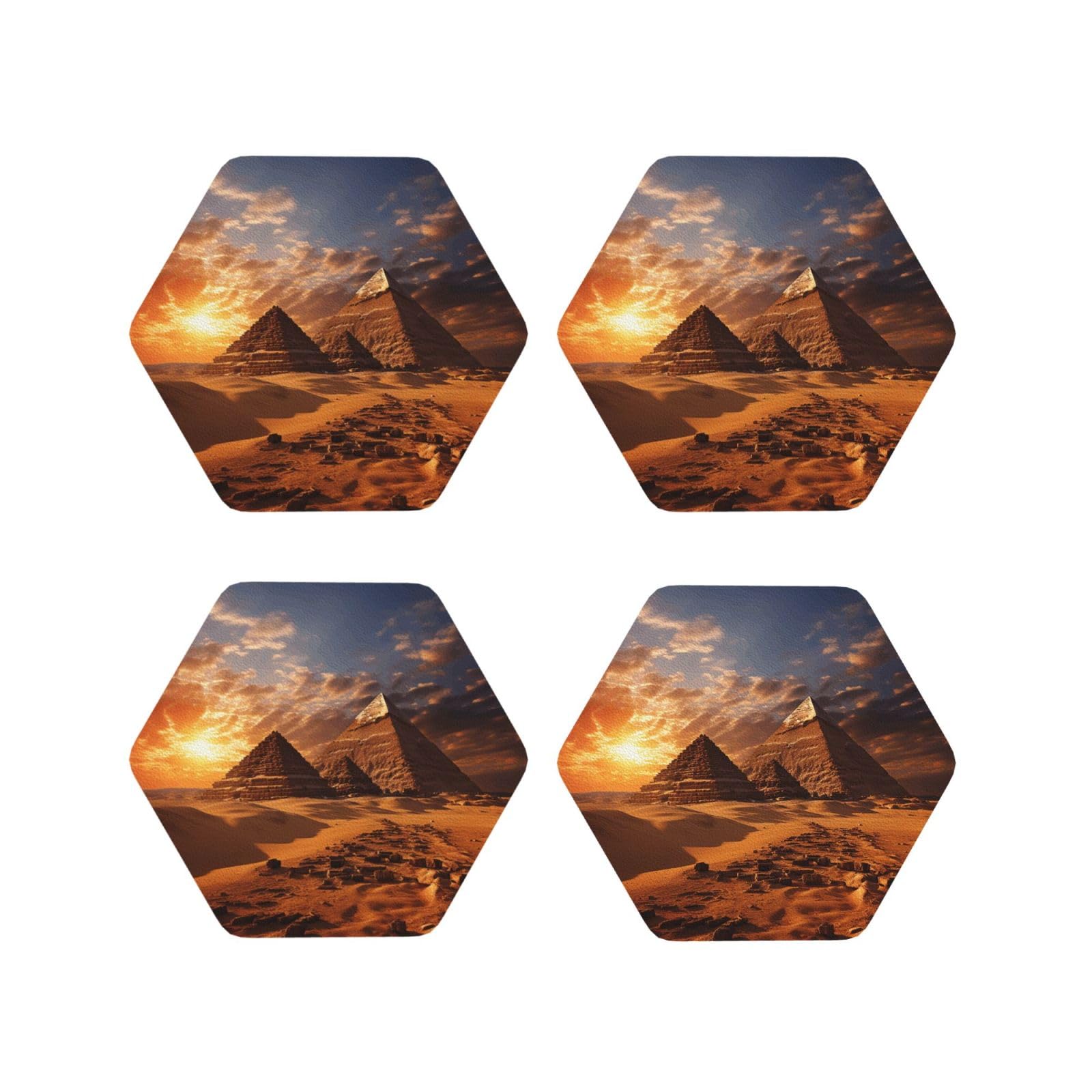 4Pcs PU Leather Coaster for Drinks, Egyptian Pyramids Cup Coastersr 4" Cup Mat Pad, Aesthetic Drink Coasters for Coffee Table, Hexagon Coaster for Tabletop Protection