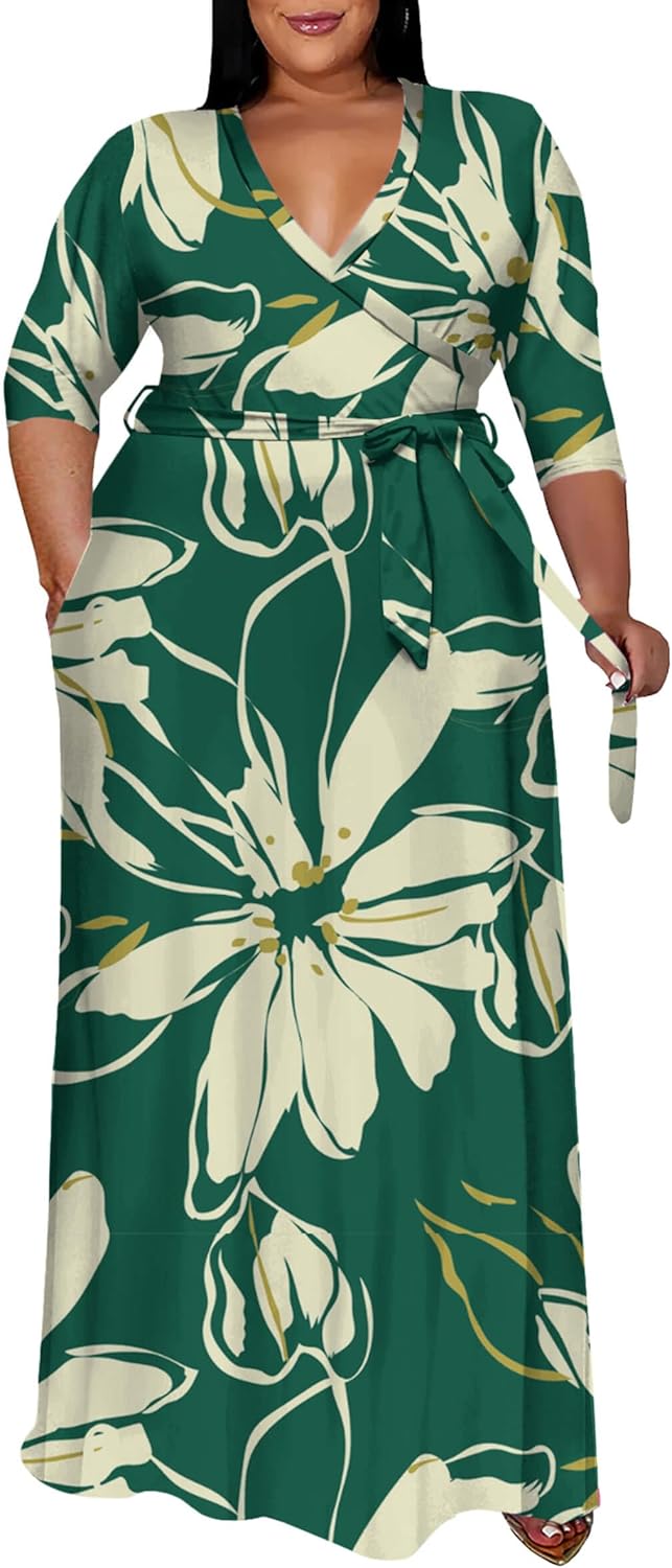 Runwind Plus Size Dress for Women - 3/4 Sleeve V Neck Maxi Dresses for Women (XL-6XL)