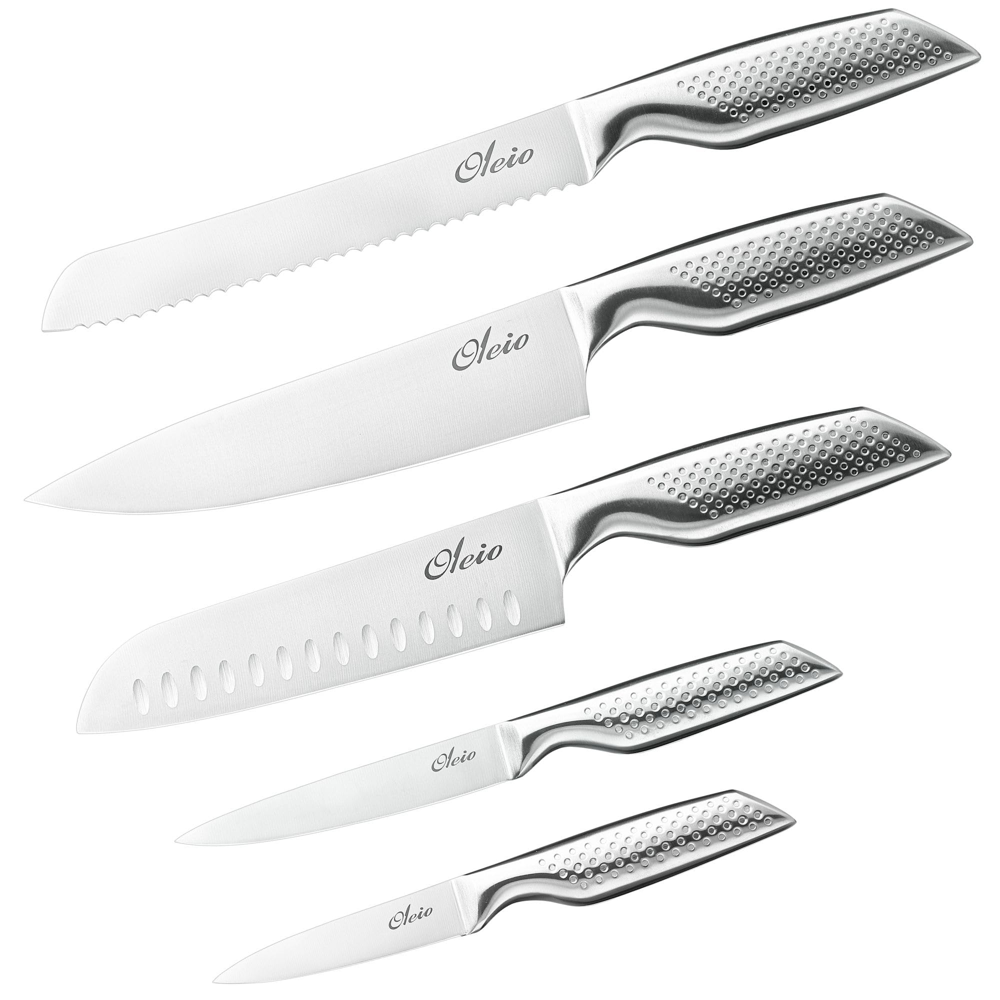 Oleio Maestro Bloc à Couteaux 5 Pièces en Acier Inoxydable avec Bloc en Bois d’Acacia et Aiguiseur Intégré | Couteaux de Cuisine Professionnels pour Viande, Légumes et Pain