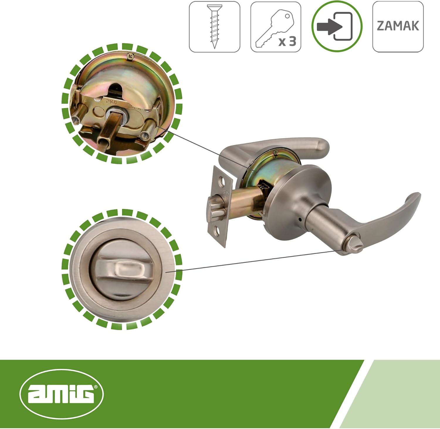 AMIG - Set of 2 Door Handles with Door Handle - Exterior Key and Internal Lock - Anti-Card System - Brass - Matt Chrome - 60/70 mm Entry Door Handle