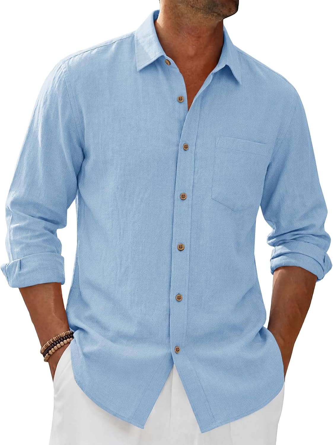 Runcati Mens Button Down Linen Shirts Long Sleeve Casual Shirt Cotton Beach Summer Tops with Pocket
