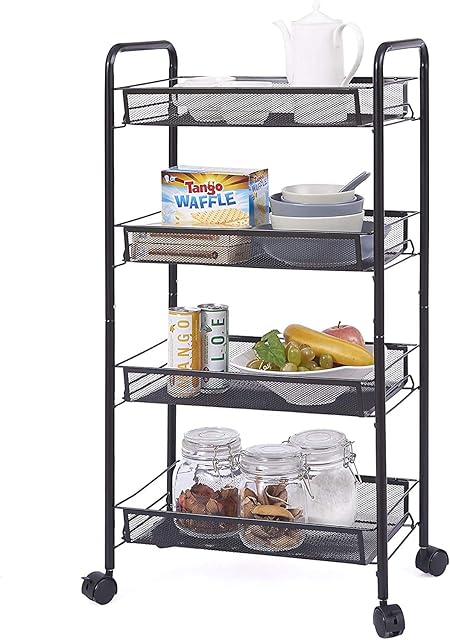 Rolling Metal Trolley Cart Mobile Utility Carts with 4 Steel Wire Shelves and Easy Glide Caster Wheels, Slide Out Mesh Storage Cart Storage Tower Rack Storage Shelves for Home Kitchen Bathroom Storage