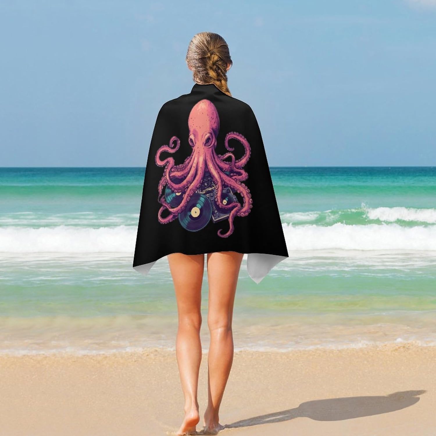 DJ Octopus Oversized Beach Towel Soft Absorbent Pool Bath Swim Towels for Adults Travel Vacation Gifts 130x80cm